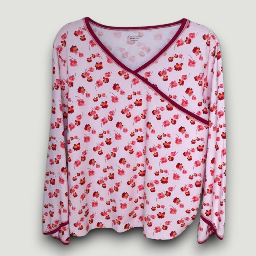 Garnet Hill Pajama Top Womens M Pink Floral Green Cotton Excellent V-Neck